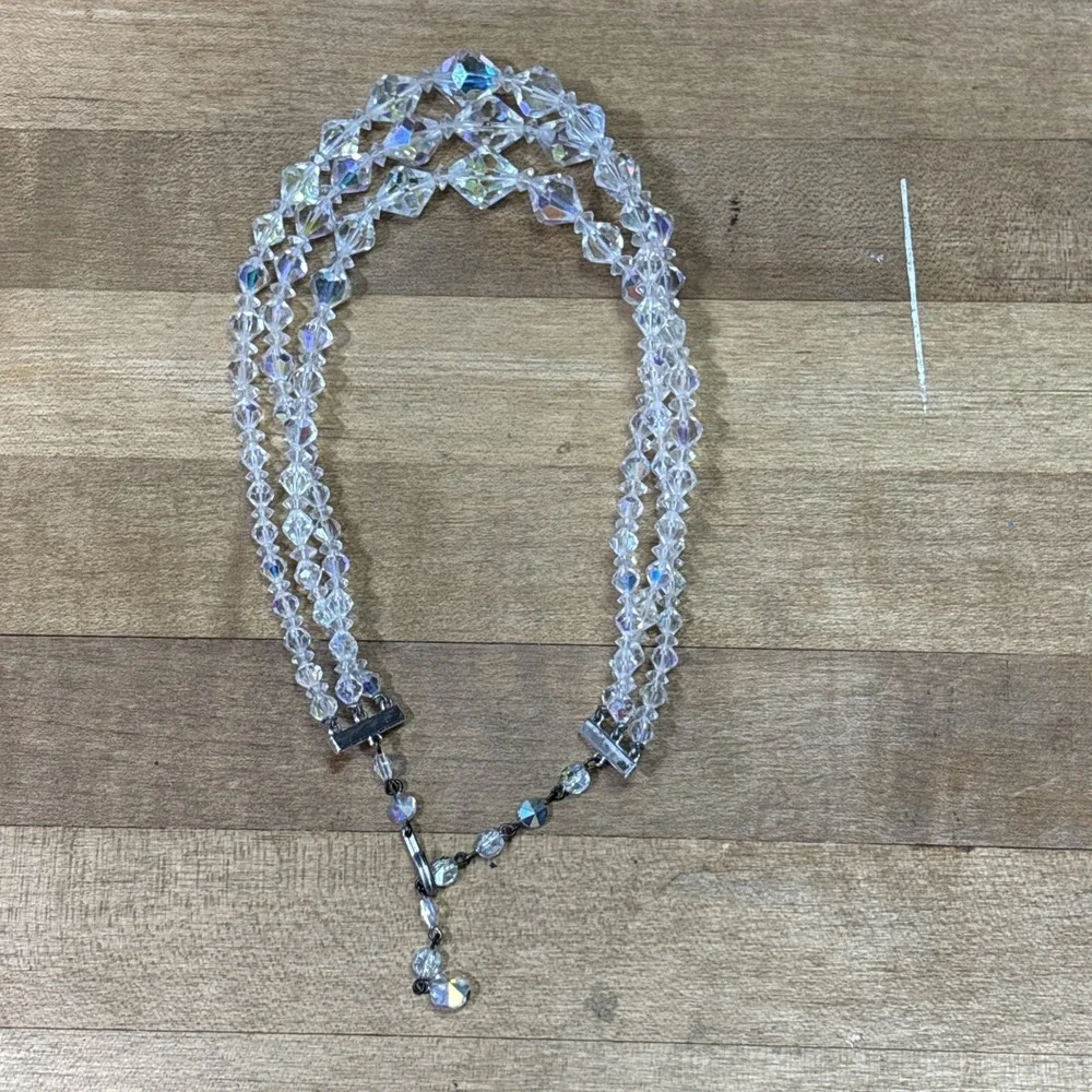 Vintage AB Crystal Triple Strand Choker Necklace Gothic Glam Faceted Glass